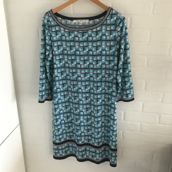 Max Studio Shift Dress Retro Geometric Vintage vibe Stretch Mini Blue L - Picture 2 of 8